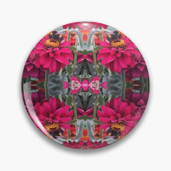 Item preview, Bees Zinnias, Bumblebee fiesta in pink/orange/teal flower fusion designed and sold by RoseAromas.