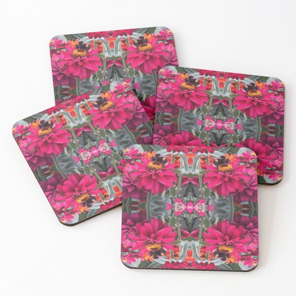 Item preview, Bees Zinnias, Bumblebee fiesta in pink/orange/teal flower fusion designed and sold by RoseAromas.