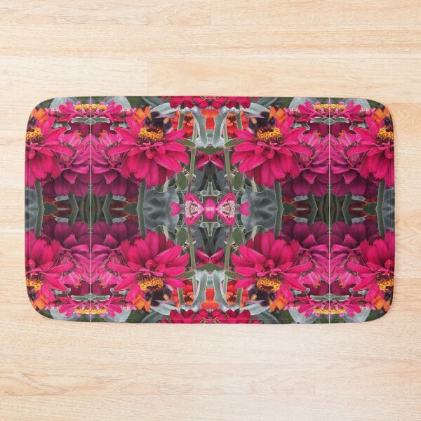 Item preview, Bees Zinnias, Bumblebee fiesta in pink/orange/teal flower fusion designed and sold by RoseAromas.