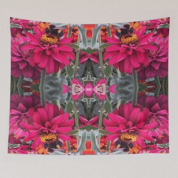 Item preview, Bees Zinnias, Bumblebee fiesta in pink/orange/teal flower fusion designed and sold by RoseAromas.