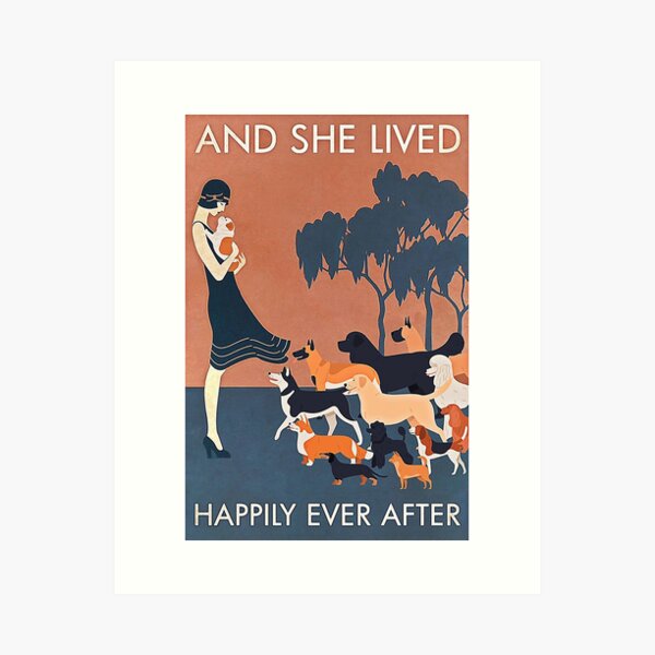 Vintage Girl And Dog And She Lived Happily Ever After Art Print