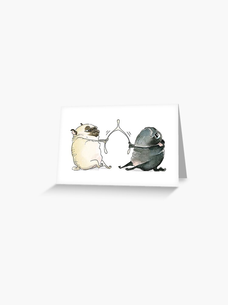 Thumbnail 1 of 2, Greeting Card, Wishbone Pugs funny Thanksgiving card designed and sold by inkpug.