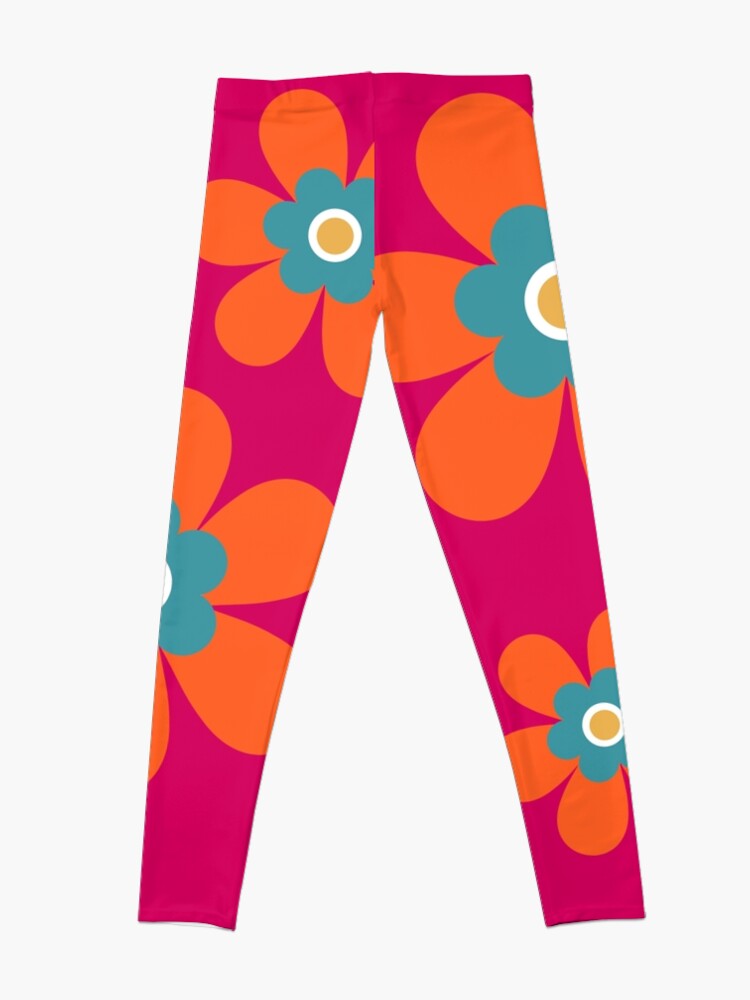 Disover Cute retro 70s colorful autumn flower power bright orange and hot pink graphic pattern Leggings