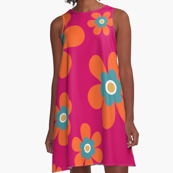 Cute retro 70s colorful autumn flower power bright orange and hot pink graphic pattern A-Line Dress