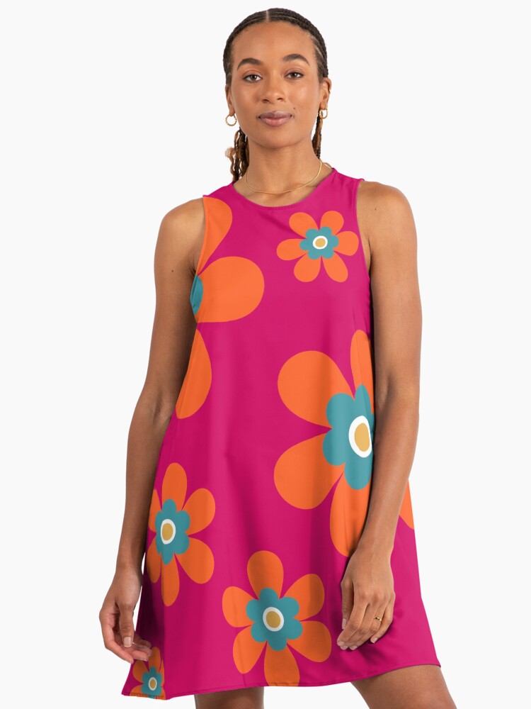 Cute Retro 70s Colorful Autumn Flower Power Bright Orange And Hot Pink Graphic Pattern. Caroline Laursen Original Autumn A-Line Dress