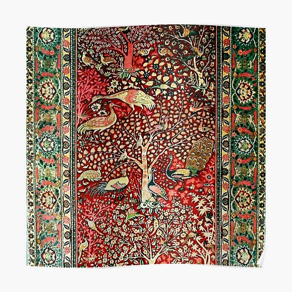 Antique Persian Rug Bird Tree Flowers ca. 1600 Print Poster
