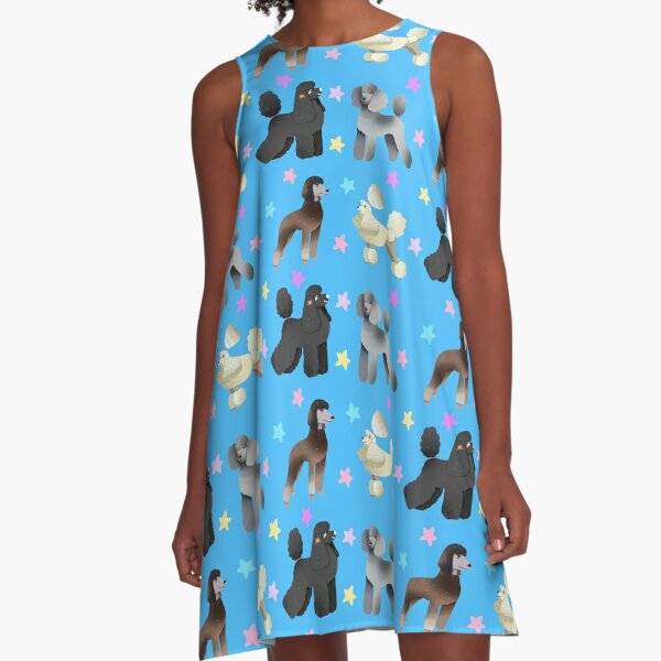 Poodle Dogs - Cute Brown and Blue Dog Illustration Pattern  A-Line Dress