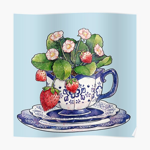 Tasse à thé avec fraisier Poster