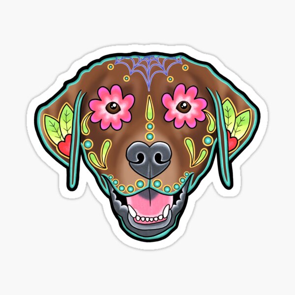 Vista previa del artículo con la obra «Labrador Retriever en chocolate: perro con calavera de azúcar del Día de los Muertos», diseñado y vendido por Pretty In Ink.