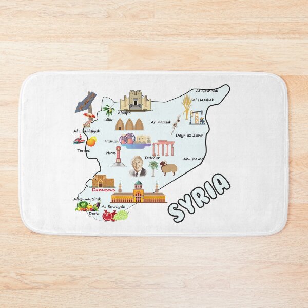 Item preview, Syria map, major cities names flag Syrian national symbols and landmarks خريطة سوريا مع اهم المدن واهم المعالم الاقتصادية والاجتماعية والسياحية designed and sold by mashmosh.