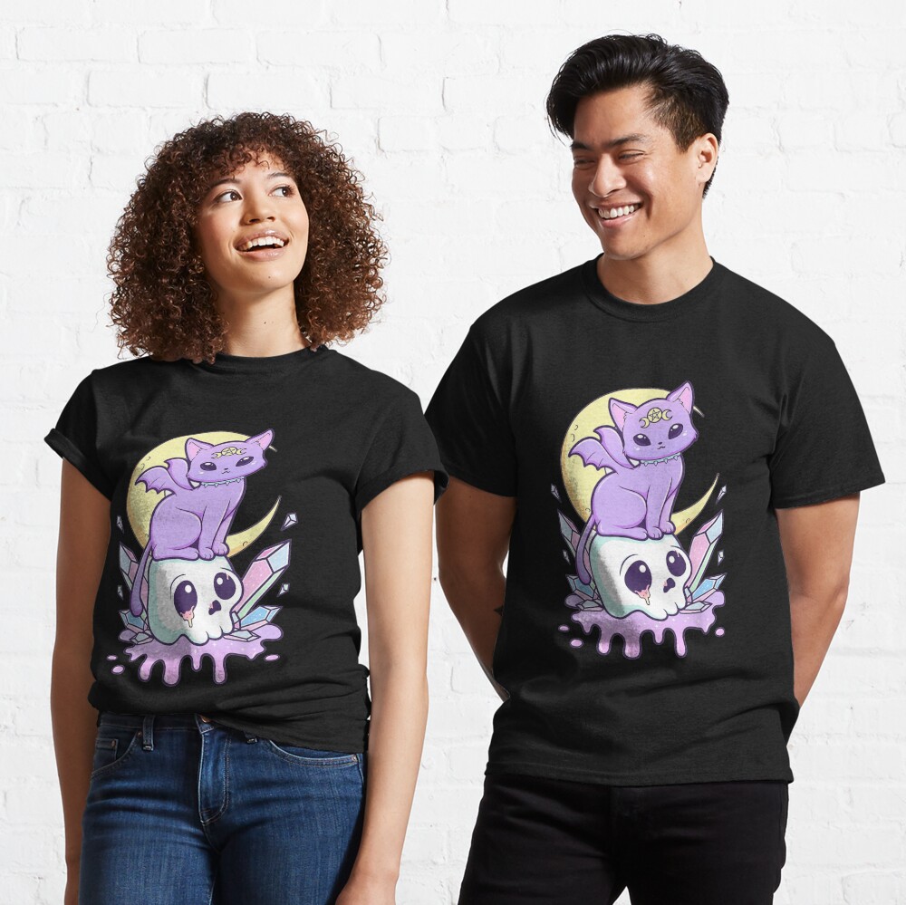 Kawaii Pastel Goth Cute Creepy Witchy Cat and Skull T-Shirt