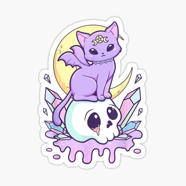 Kawaii Pastel Goth Cute Creepy Witchy Cat and Skull Sticker
