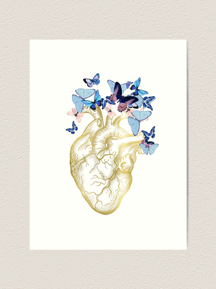 human heart with blue butterflies, watercolor style, anatomy art Art Print  for Sale by Collagedream