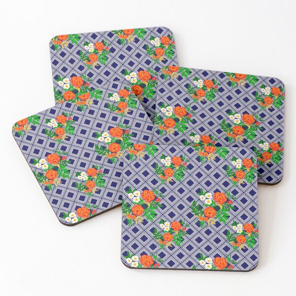 Item preview, Colorful flowers on a geometric pattern on a navy background designed and sold by Chamaiporn Pangtorn.