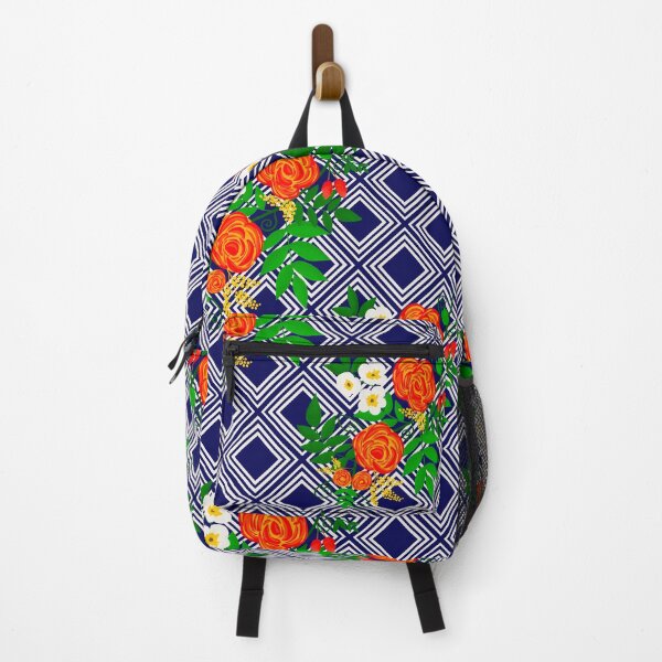 Item preview, Colorful flowers on a geometric pattern on a navy background designed and sold by Chamaiporn Pangtorn.