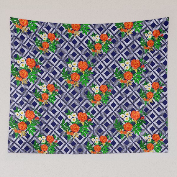 Item preview, Colorful flowers on a geometric pattern on a navy background designed and sold by Chamaiporn Pangtorn.