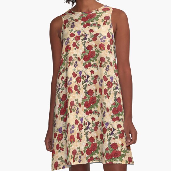 Red Cottage Rose on Yellow Gold A-Line Dress