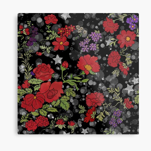 Red Cottage Rose on Black Star Background Metal Print