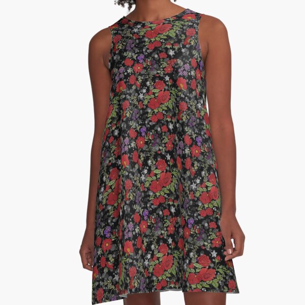 Red Cottage Rose on Black Star Background A-Line Dress