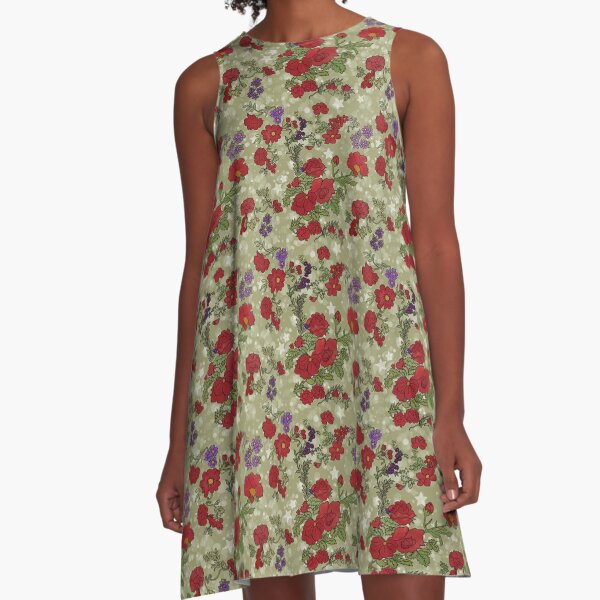 Red Cottage Rose on Spring Green Star Background A-Line Dress