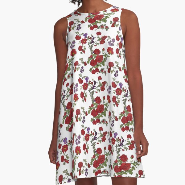 Red Cottage Rose on White Background A-Line Dress