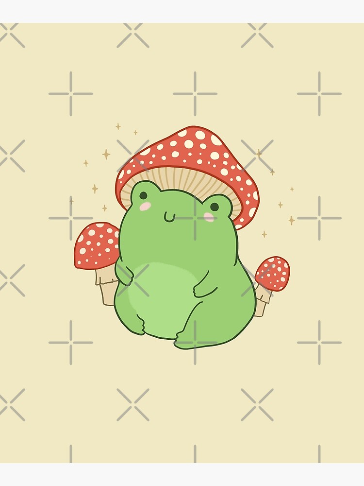 Kawaii Frog with Mushroom Hat and Toadstools - Cottagecore Aesthetic Froggy - Chubby Amanita Muscaria Forest Themed Fantasy by MinistryOfFrogs
