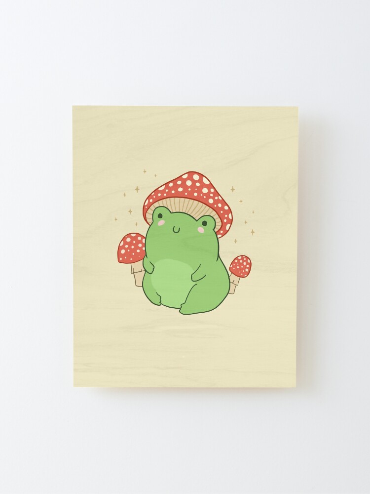 Alternate view of Kawaii Frog with Mushroom Hat and Toadstools - Cottagecore Aesthetic Froggy - Chubby Amanita Muscaria Forest Themed Fantasy Mounted Print
