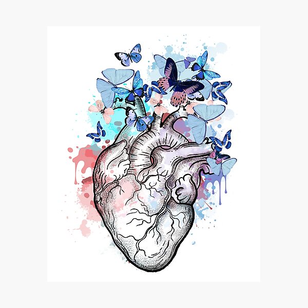 Item preview, human heart with blue butterflies, black, watercolor style, anatomy art designed and sold by Collagedream.