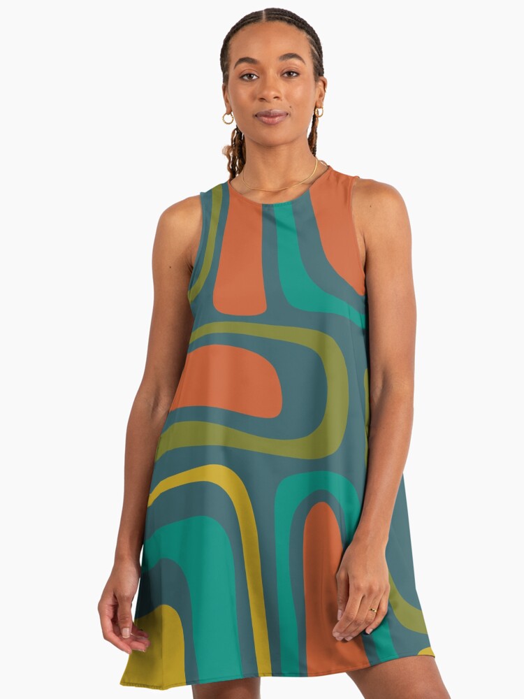 Palm Springs Retro Midcentury Modern Abstract Pattern in Mid Mod Orange, Olive, Teal, and Mustard Palm Springs A-Line Dress