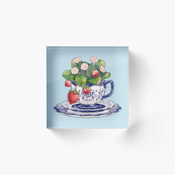 Teacup with Strawberry Plant Acrylic Block