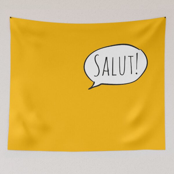 Item preview, Cheerful SALUT! with white speech bubble on yellow (Français / French) designed and sold by Ofeefee.