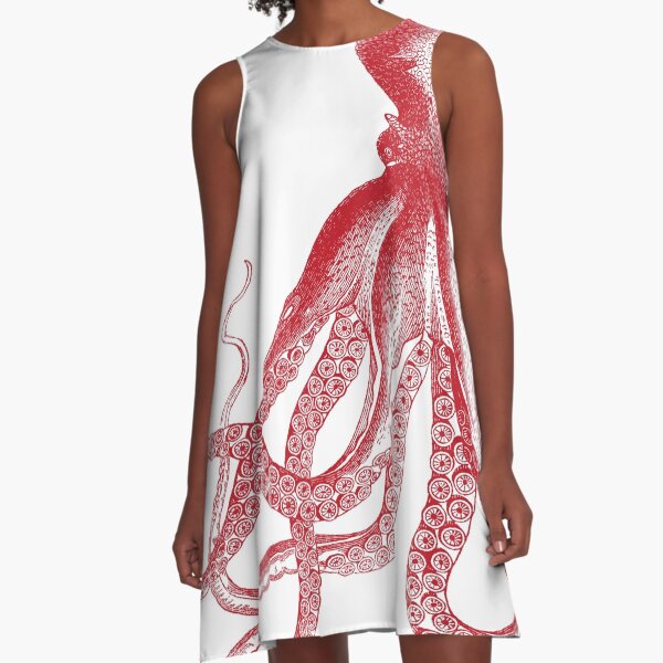 Octopus | Vintage Octopus | Tentacles | Sea Creatures | Nautical | Ocean | Sea | Beach | Red and White | A-Line Dress