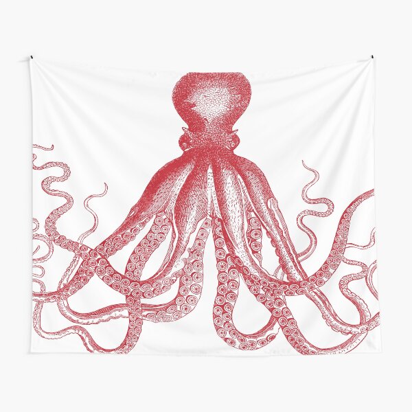 Octopus | Vintage Octopus | Tentacles | Sea Creatures | Nautical | Ocean | Sea | Beach | Red and White | Tapestry