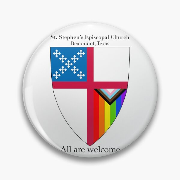 Aperçu de l'œuvre Église épiscopale Saint-Étienne - Beaumont, Texas Church Shield avec drapeau progressif arc-en-ciel vertical tous sont les bienvenus 1 créée et vendue par litmusician.