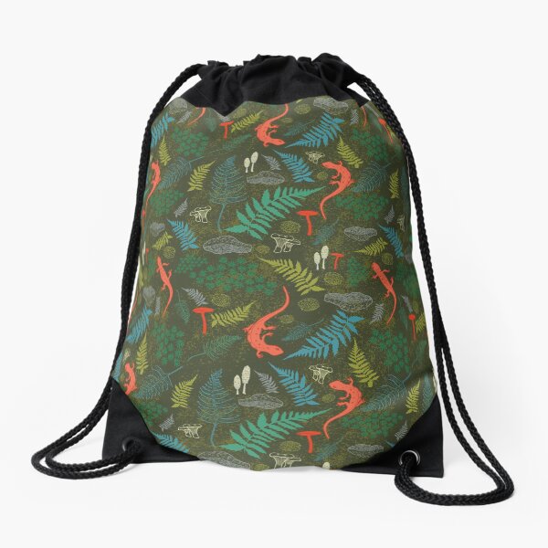 Northeast Adirondack Forest Red Eft, Eastern Newt, Moss, Mushrooms and Ferns Drawstring Bag