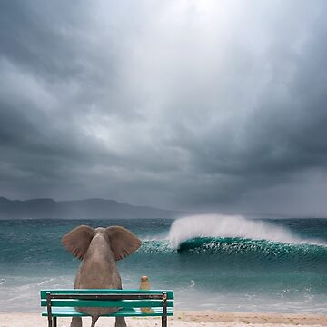 Artwork thumbnail, elephant and dog sit by the sea in a storm by Mike Kiev art