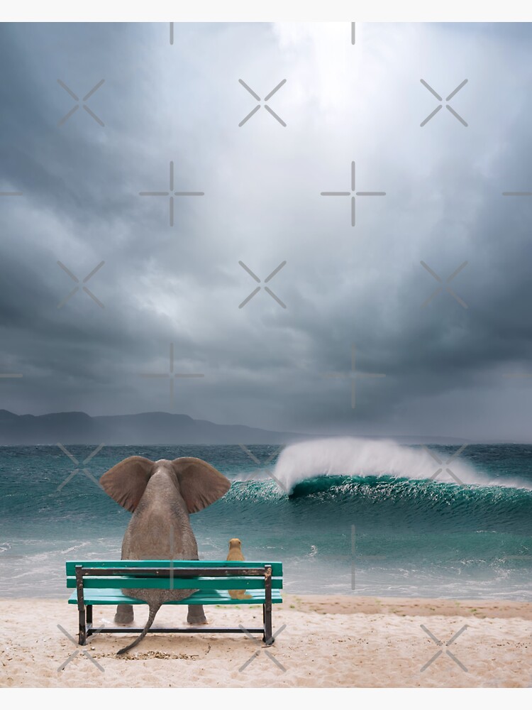 Thumbnail 3 of 3, Sticker, elephant and dog sit by the sea in a storm designed and sold by mikekiev.