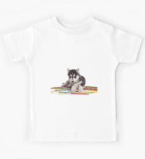 Fluffy cute puppy husky with blue eyes Kids Tee