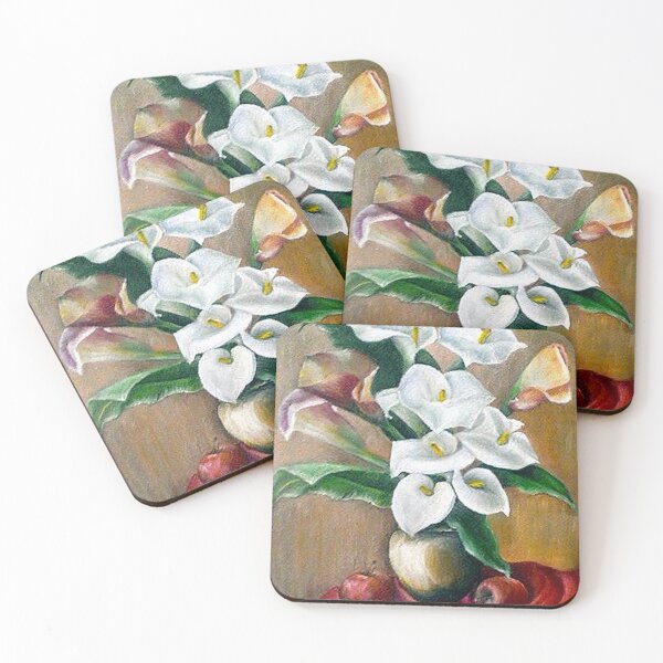 Item preview, ARUM LILIES APPLES AND RED DRAPERY, FINE ART PRINT  STILL LIFE INSPIRED BY NATURE designed and sold by Adri Barnard.
