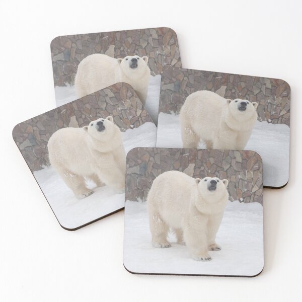 Item preview, a polar bear stands in the snow against a stone wall designed and sold by nataliavavilina.