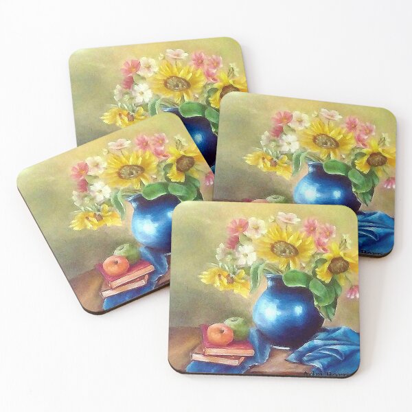 Item preview, GIRASOLES COSMOS Y BOTE AZUL FINE ART PRINT, BODEGONES INSPIRADOS EN LA NATURALEZA designed and sold by Adri Barnard.
