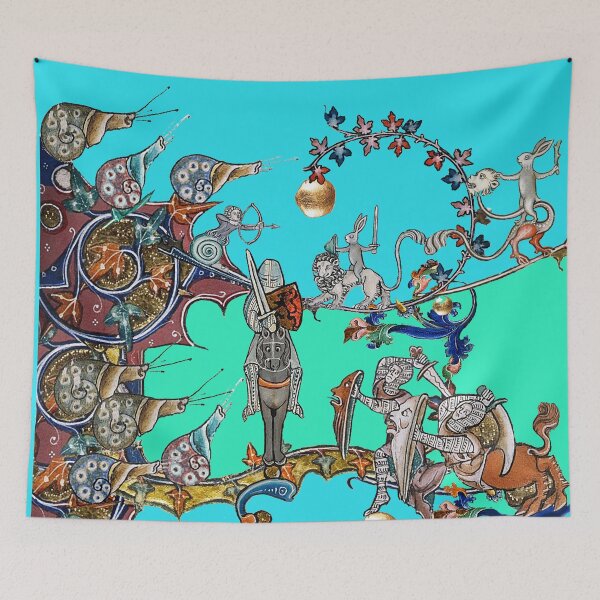 Item preview, WEIRD MEDIEVAL BESTIARY  WAR, KNIGHTS AND KILLER RABBITS FIGHTING WITH GIANT SNAILS Teal Blue Green designed and sold by BulganLumini.