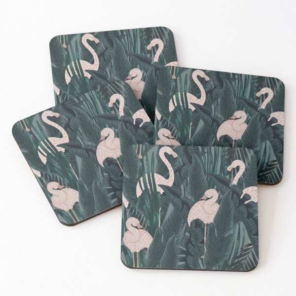 Item preview, Tropical seamless stylized concept digital print with pink flamingos, tropical green leaves, areca, banana leaves, rainforest plants. designed and sold by ANAKOTO.