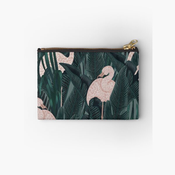 Item preview, Tropical seamless stylized concept digital print with pink flamingos, tropical green leaves, areca, banana leaves, rainforest plants. designed and sold by ANAKOTO.