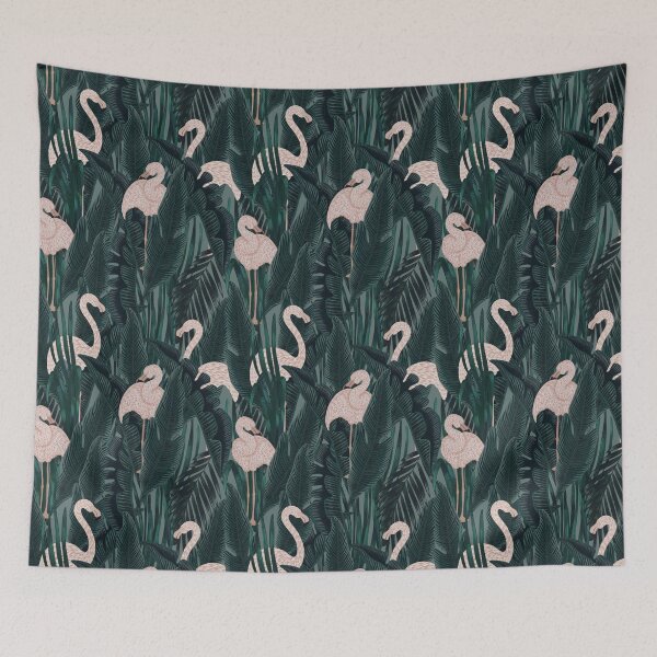 Item preview, Tropical seamless stylized concept digital print with pink flamingos, tropical green leaves, areca, banana leaves, rainforest plants. designed and sold by ANAKOTO.