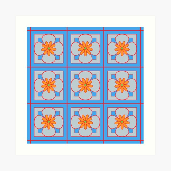 Beautiful floral tile repeat pattern, orange, red, silver grey on sky blue Art Print