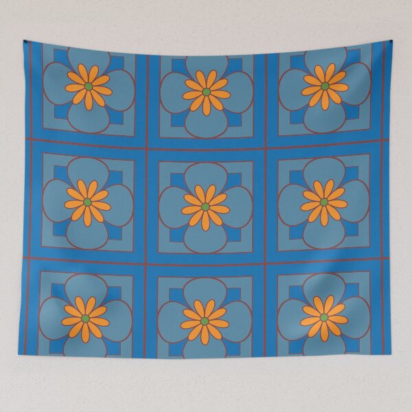 Item preview, Beautiful floral tile repeat pattern, dusty blue and orange on blue designed and sold by Susan Marie Williams.
