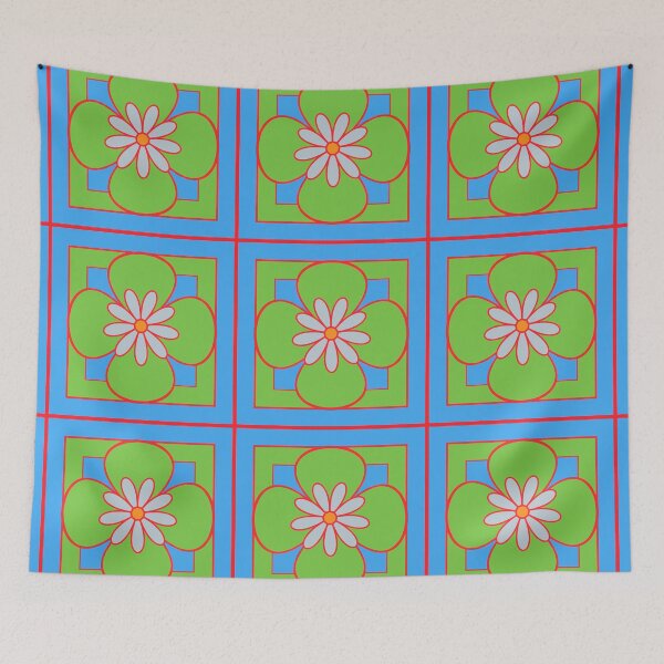 Item preview, Beautiful floral tile repeat pattern, pea green, silver and red on sky blue designed and sold by Susan Marie Williams.
