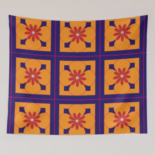 Item preview, Beautiful floral tile repeat pattern, red and orange on rich dark blue designed and sold by Susan Marie Williams.