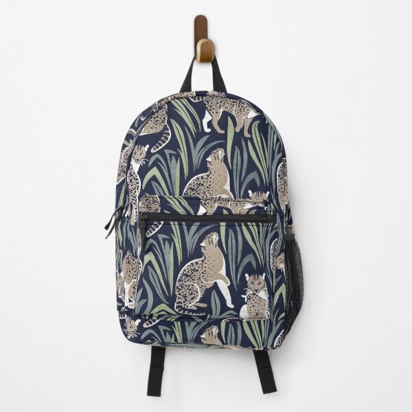 Item preview, Love the wild fishing cat // navy blue background greige and spoted animals green vegetation designed and sold by SelmaCardoso.